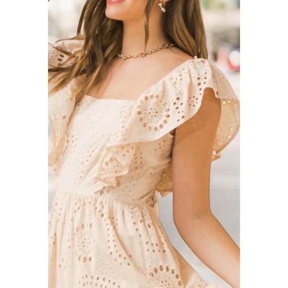 Flying Tomato Natural Beige Cotton Eyelet Midi Dress with Back Bow Tie - Picture 3 of 11
